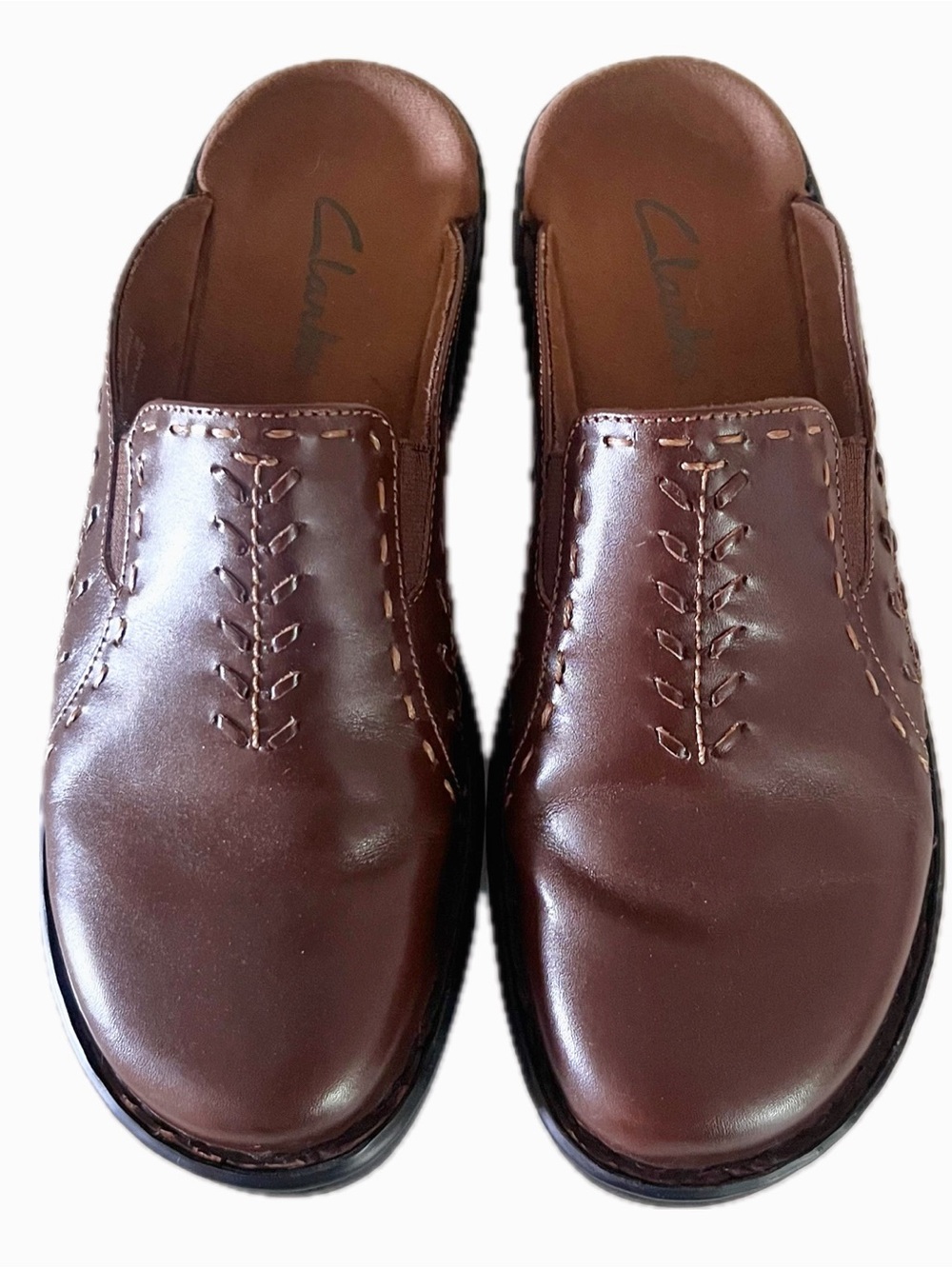 CLARKS Cognac Brown Leather Slip-on Mules with Decorative Stitching Size 8
